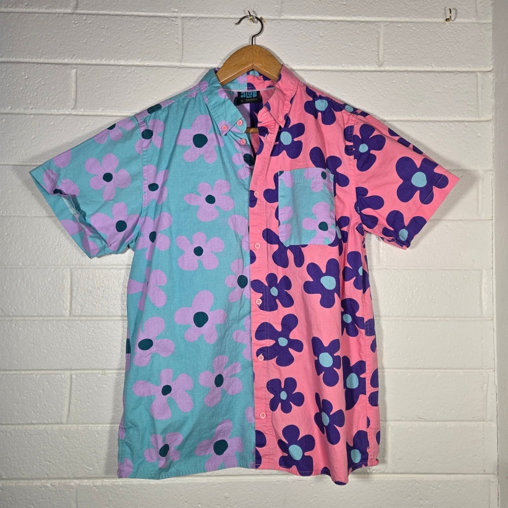 ALAB Floral Colorblock Button Front Shirt Spongebob Flowers Large Bright‎ Skater